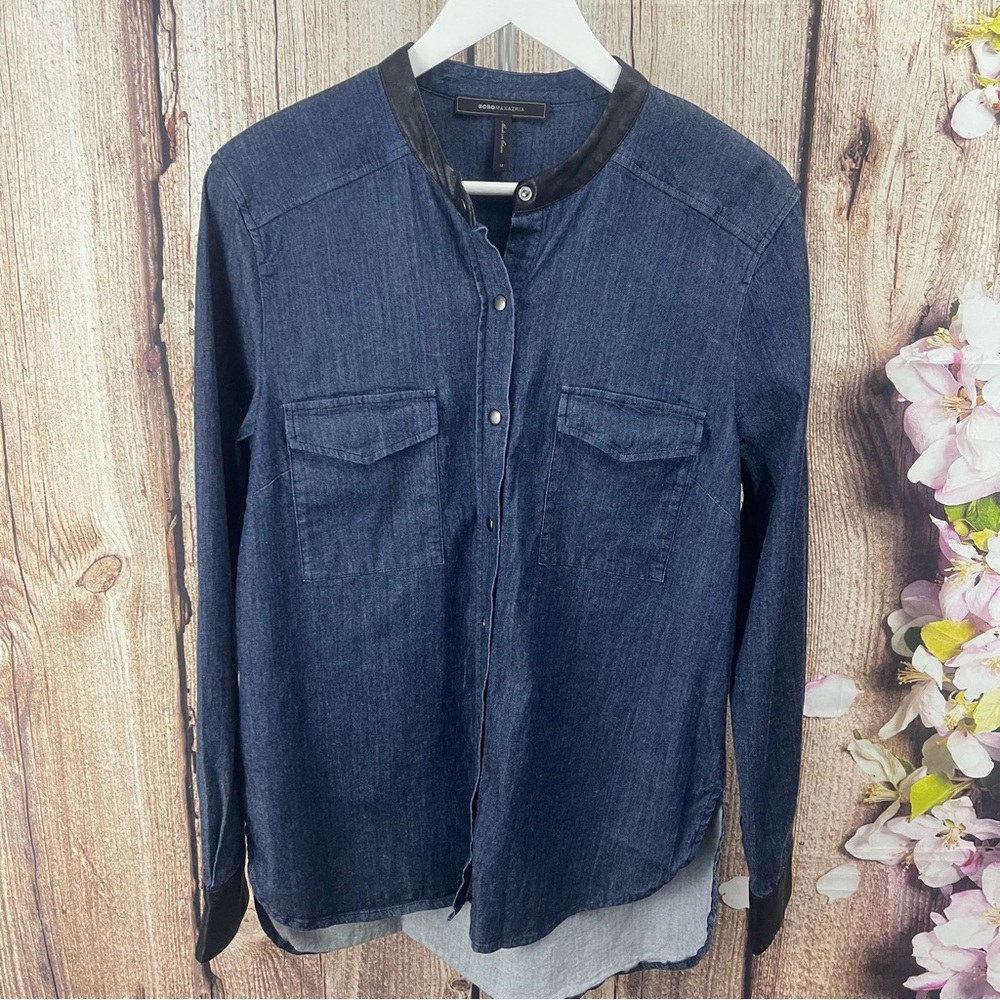BCBG MAXAZARIA DENIM LONG SLEEVE WITH PU LEATHER TRIM HADLEY